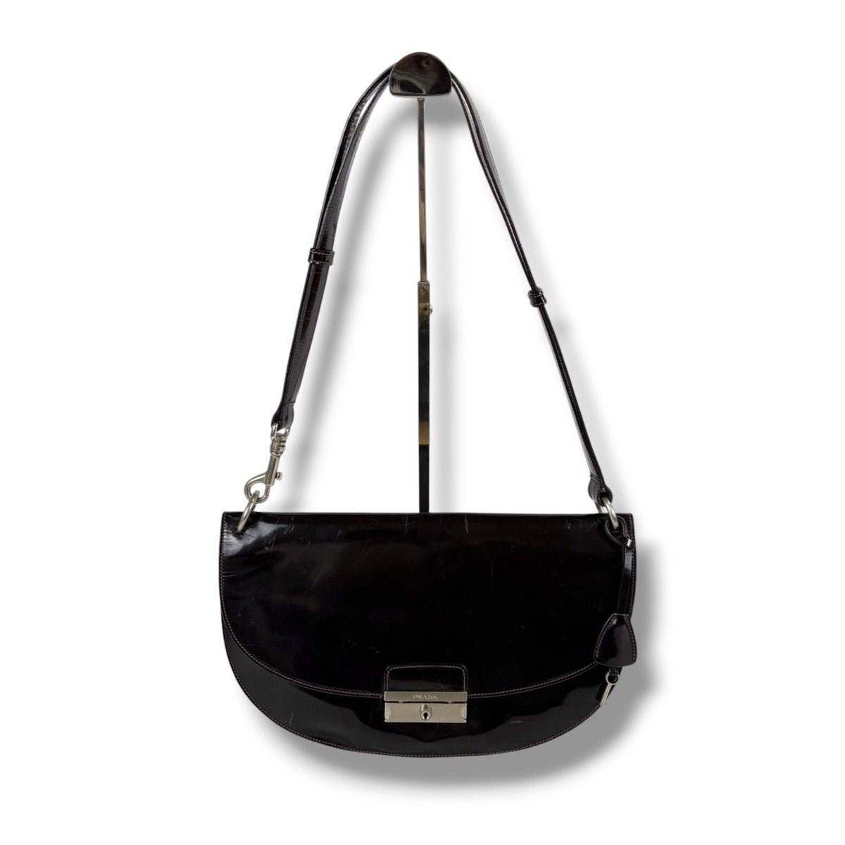 Prada Shoulder Bag Hobo Mirror Calf Leather Dark Brown Semi
