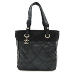 Chanel Paris Biarritz Tote PM Shoulder Bag Leather Black Silver
