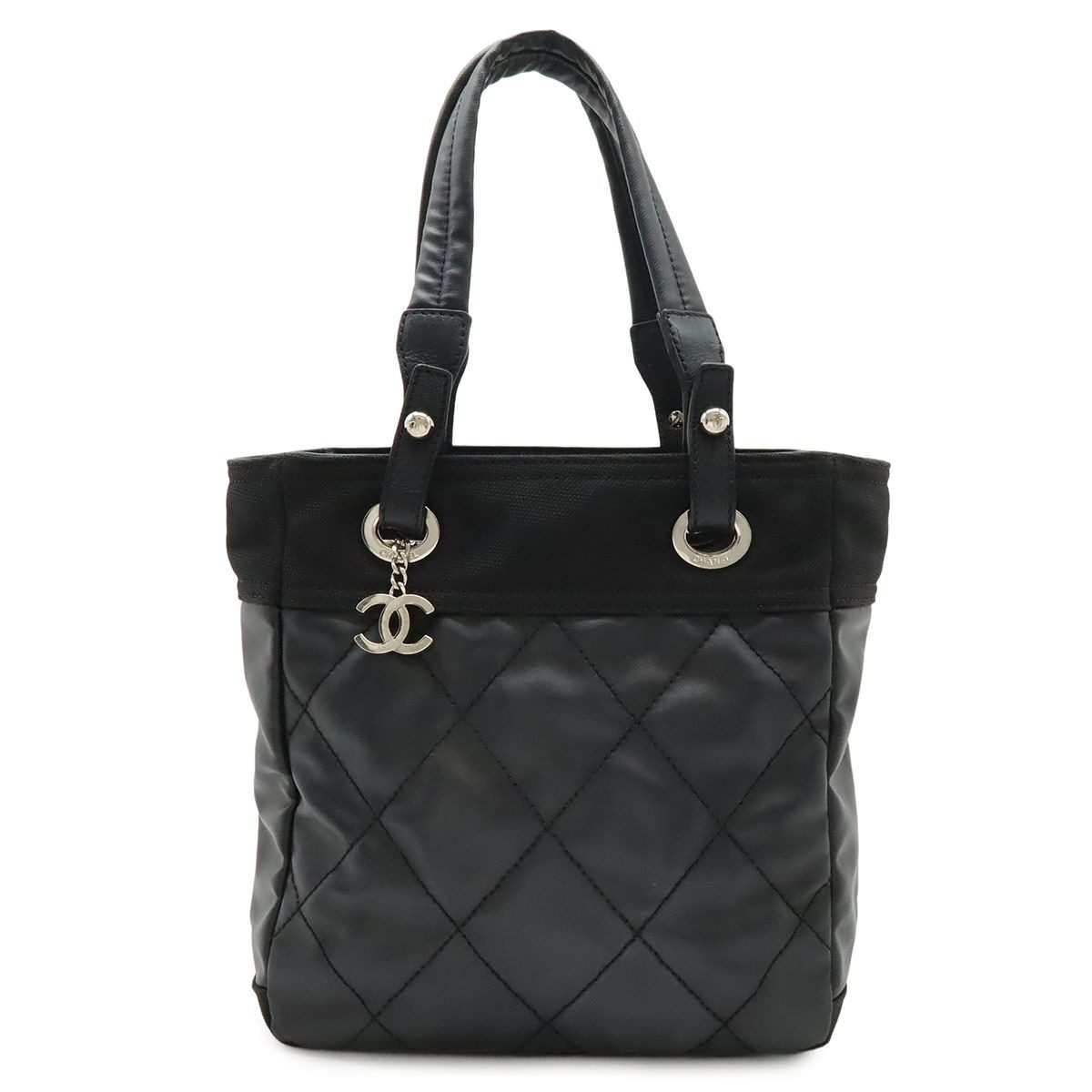 Chanel Paris Biarritz Tote PM Shoulder Bag Leather Black Silver