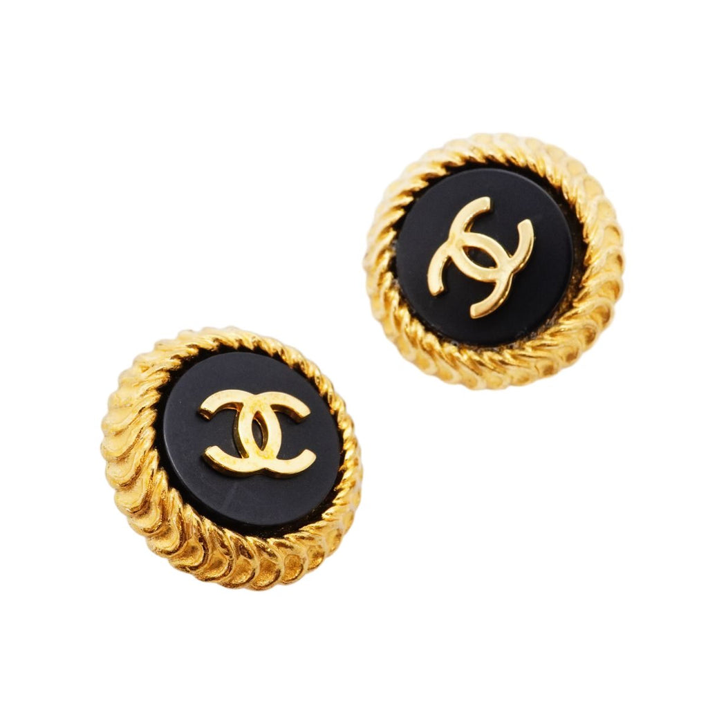 Chanel Earrings Vintage CC Logo Gold Plated Black Cles — view 2