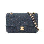 Chanel Mini Quilted Classic Chain Shoulder Bag Denim Dark Blue Gold