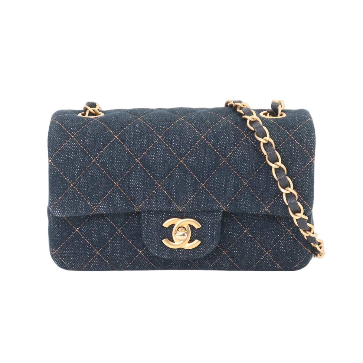 Chanel Mini Quilted Classic Chain Shoulder Bag Denim Dark Blue Gold