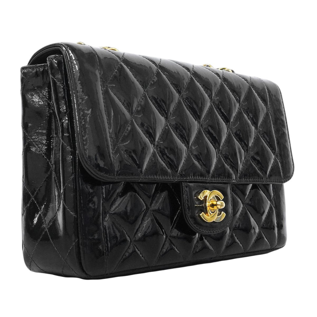 Chanel Shoulder Bag Quilted Patent Leather Black Gold — view 2