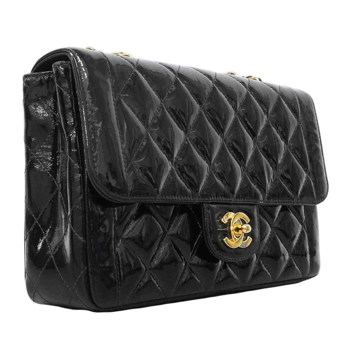 Chanel Shoulder Bag Quilted Patent Leather Black Gold — view 2