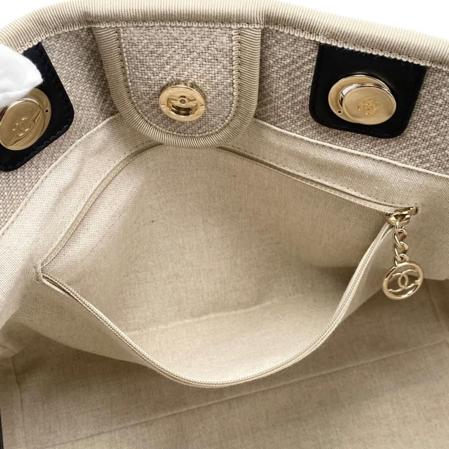 Chanel Tote Bag Deauville MM Canvas Chain Logo Beige Black Gold Hardware — view 9
