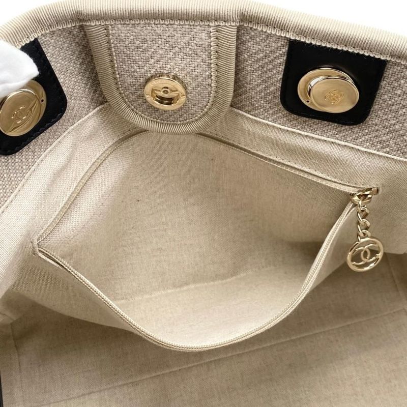 Chanel Tote Bag Deauville MM Canvas Chain Logo Beige Black Gold Hardware — view 9
