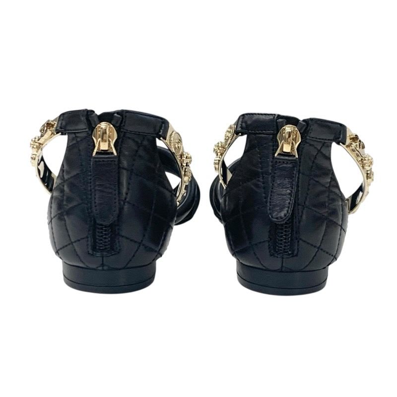 Chanel Sandals Shoes Leather Black Gold Coco Mark Icon Metal Strap Quilted — view 5