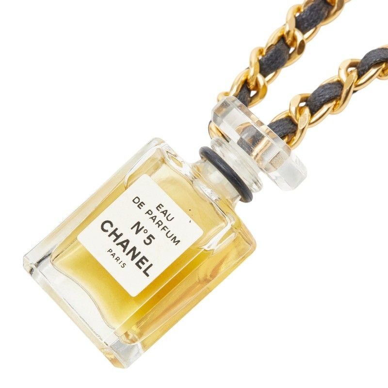 Chanel Perfume Bottle Chain Pendant Necklace Gold Black Plated Leather Glass