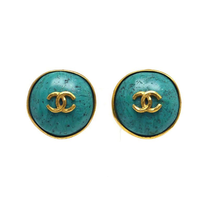 Chanel Earrings Coco Mark Greenish Green and Gold 98