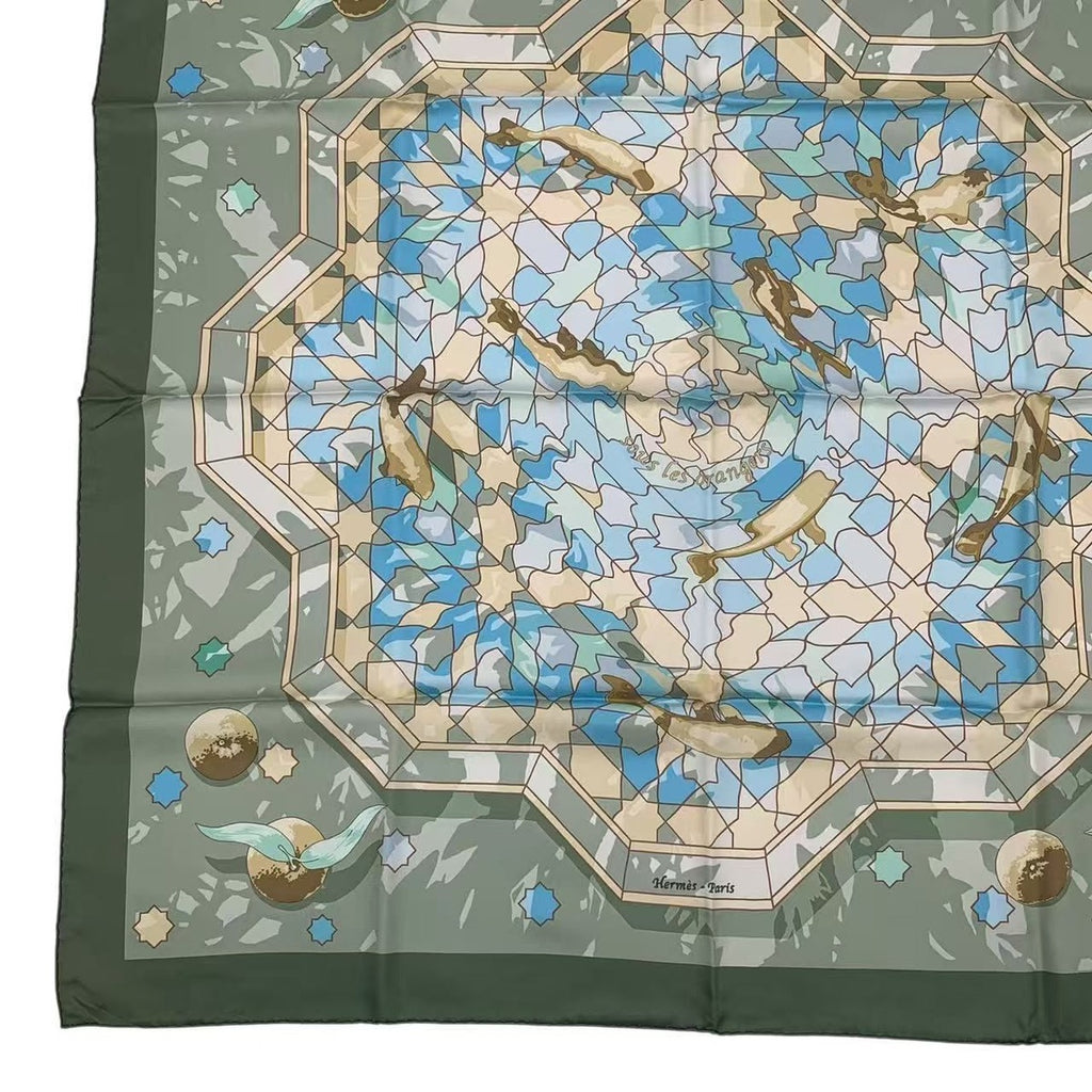 Hermes Carre 90 Silk Scarf Sous les Oranges Under the Orange Tree Green — view 5