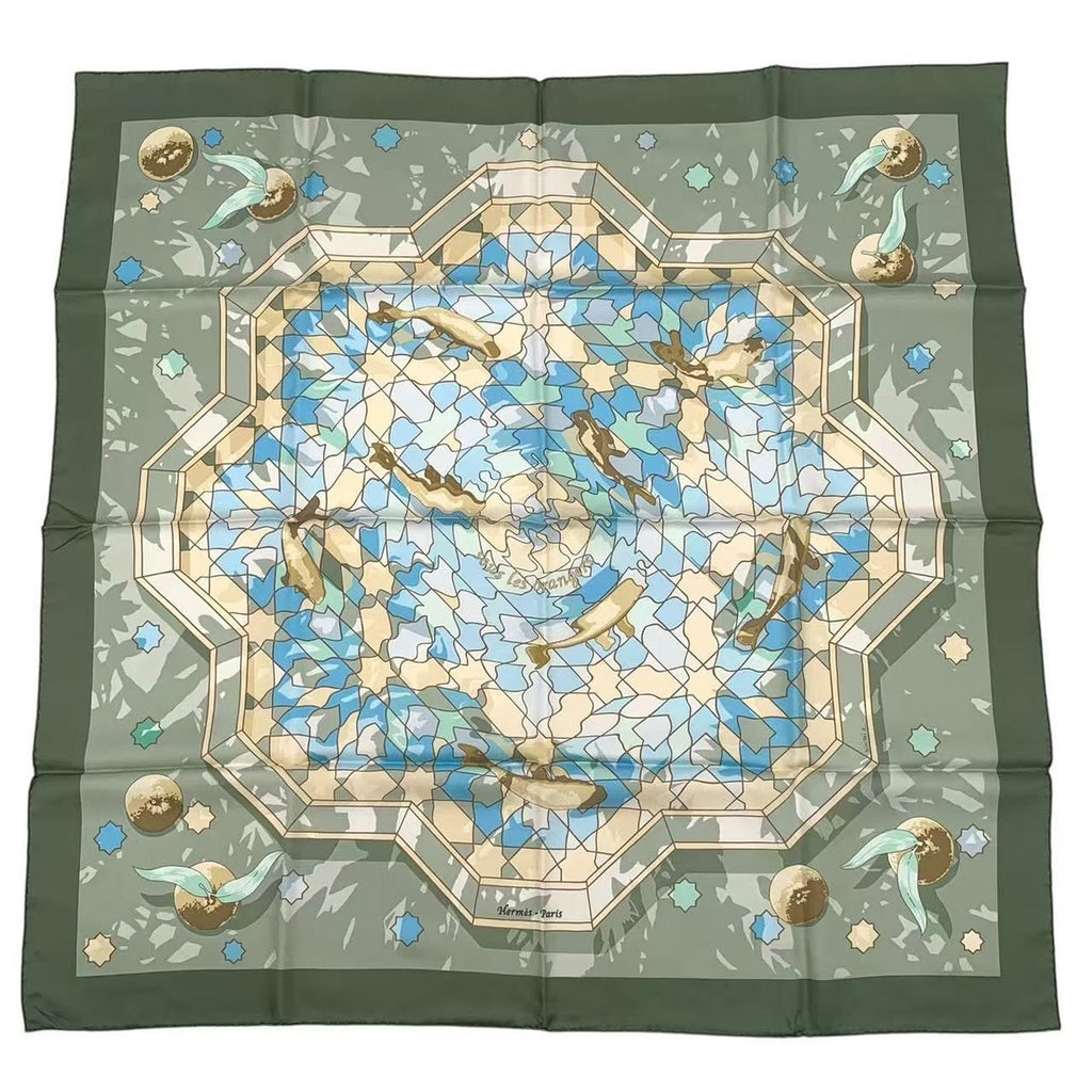 Hermes Carre 90 Silk Scarf Sous les Oranges Under the Orange Tree Green
