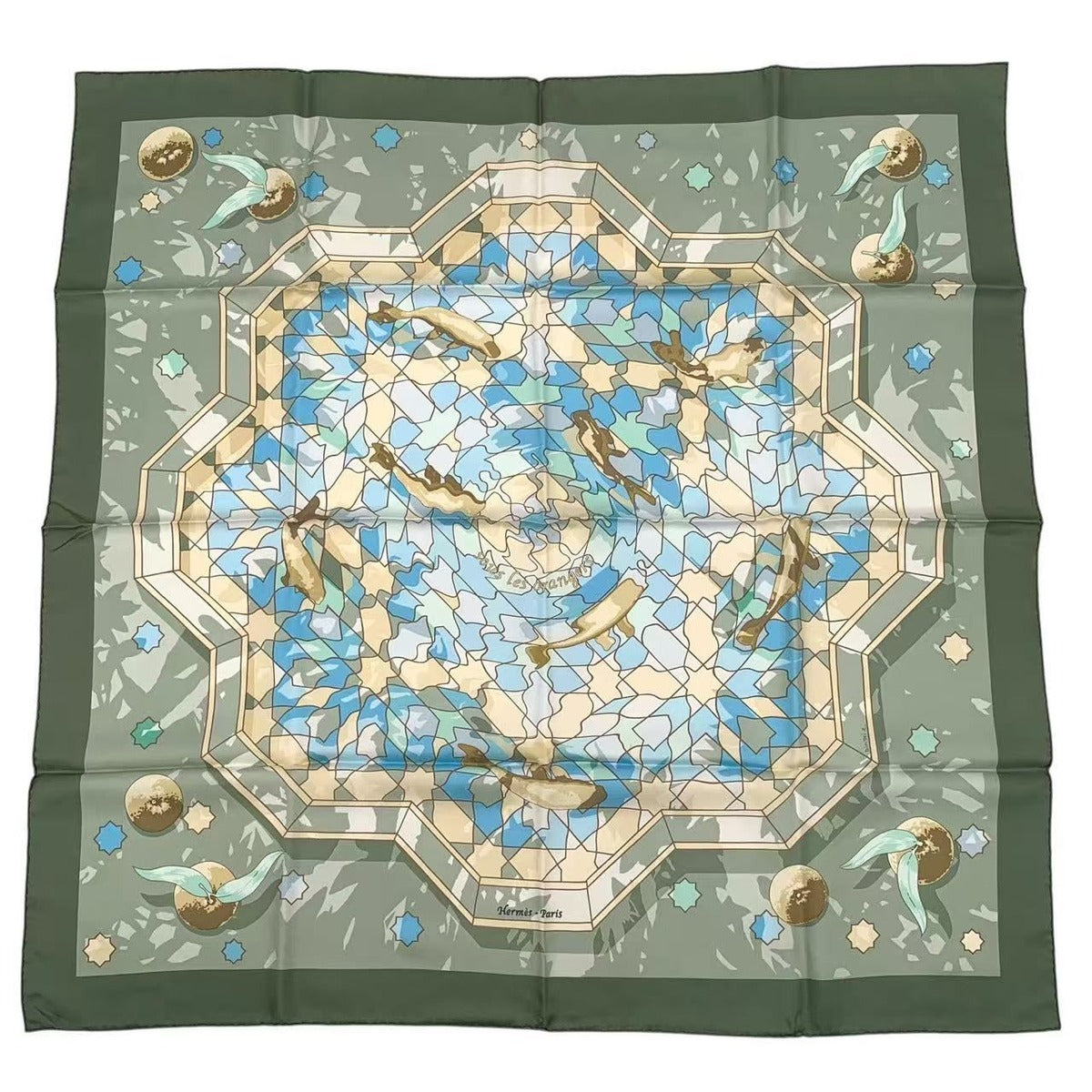 Hermes Carre 90 Silk Scarf Sous les Oranges Under the Orange Tree Green