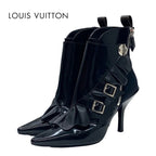 Louis Vuitton Boots Short Shoes Leather Fabric Black Silver Belt Ruffle
