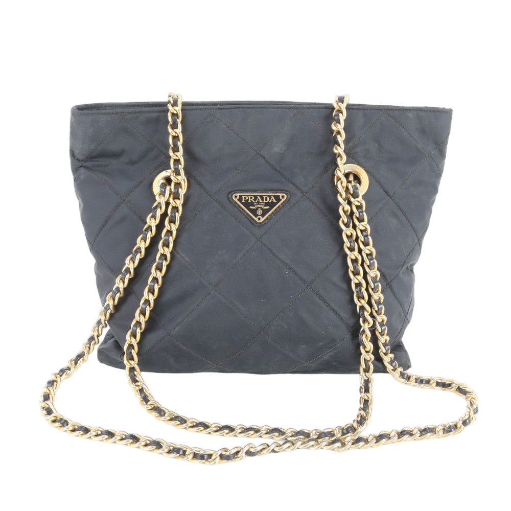 Prada Tessuto Nylon Quilted Triangle Logo Chain Shoulder Bag Black