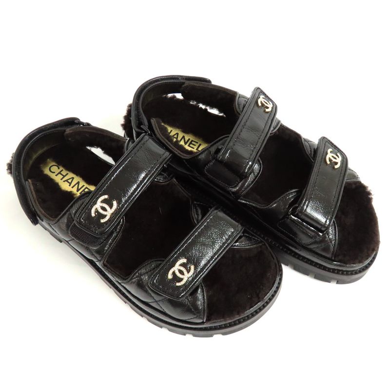 Chanel Sandals 23 K boa Rhinestone Coco Mark 38 Black Leather — view 2