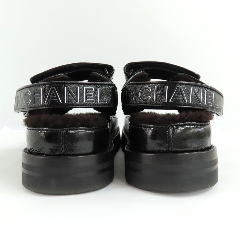 Chanel Sandals 23 K boa Rhinestone Coco Mark 38 Black Leather — view 4