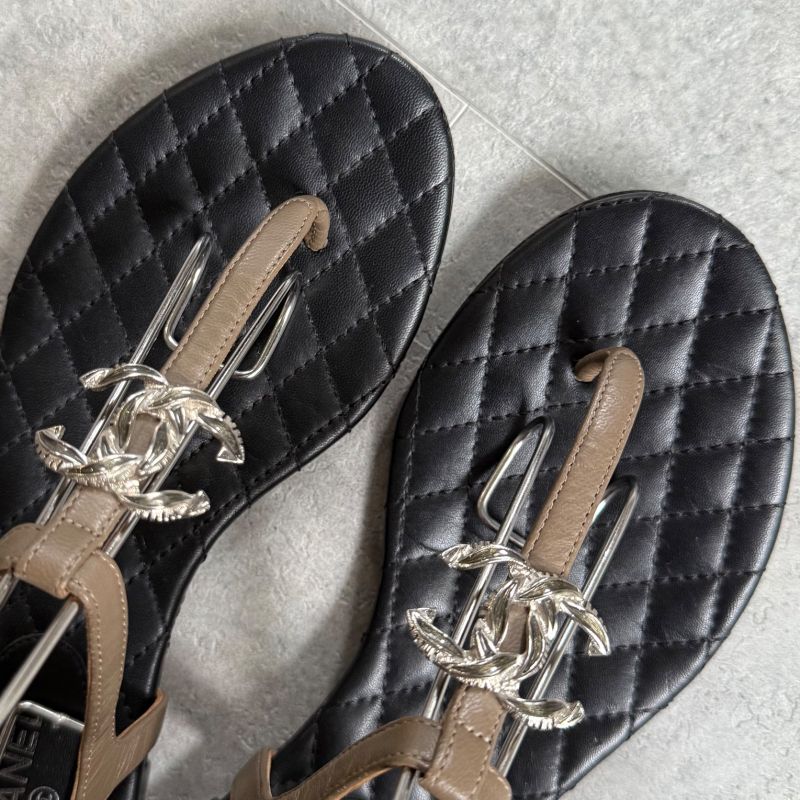 Chanel Thong Sandals Quilted Coco Mark Flat Shoes Black Beige Silver — view 3