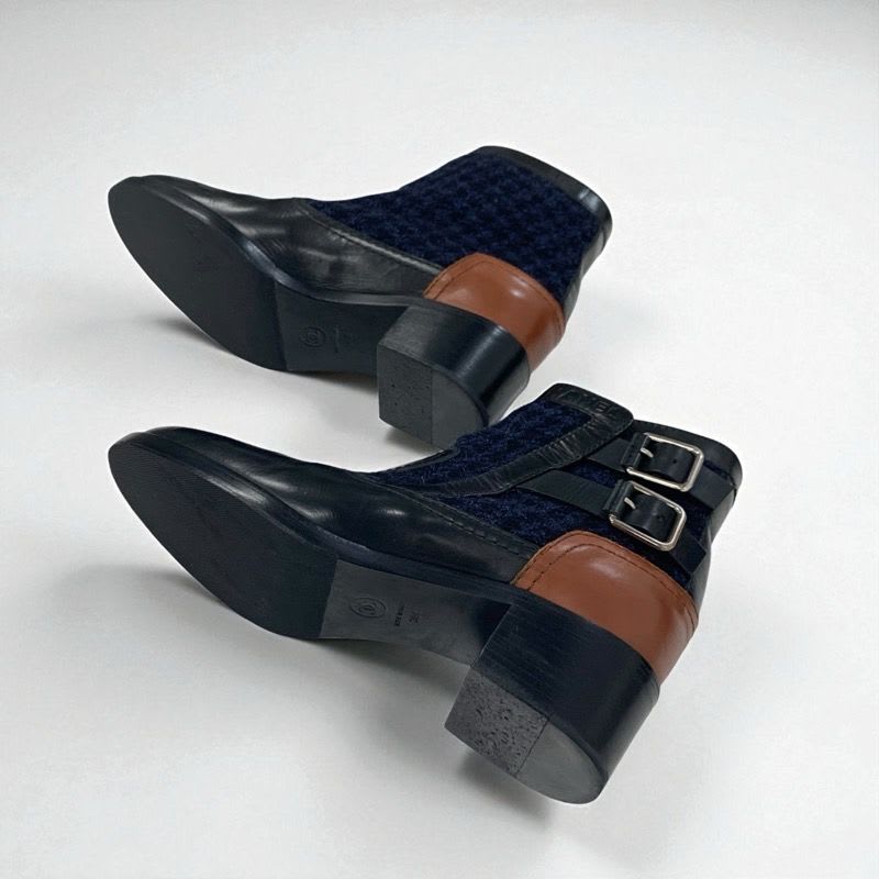 Chanel Boots Short Shoes Tweed Black Navy Brown Logo Belt — view 7