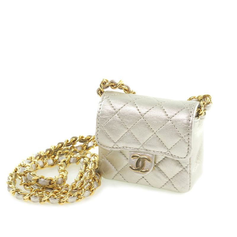 Chanel Chain Pochette Micro Quilted Calf Silver Shoulder Bag — view 2