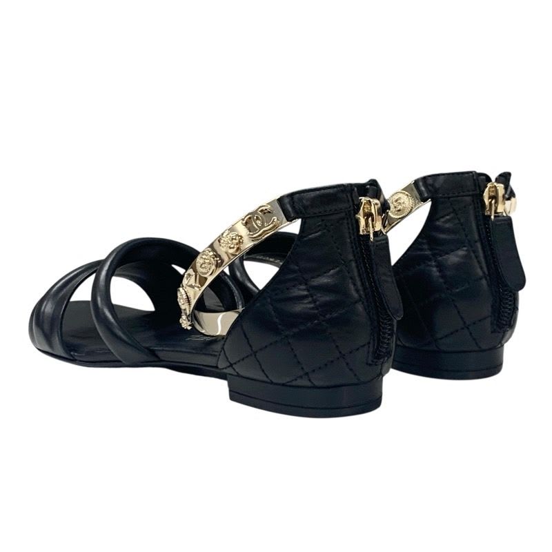Chanel Sandals Shoes Leather Black Gold Coco Mark Icon Metal Strap Quilted — view 4