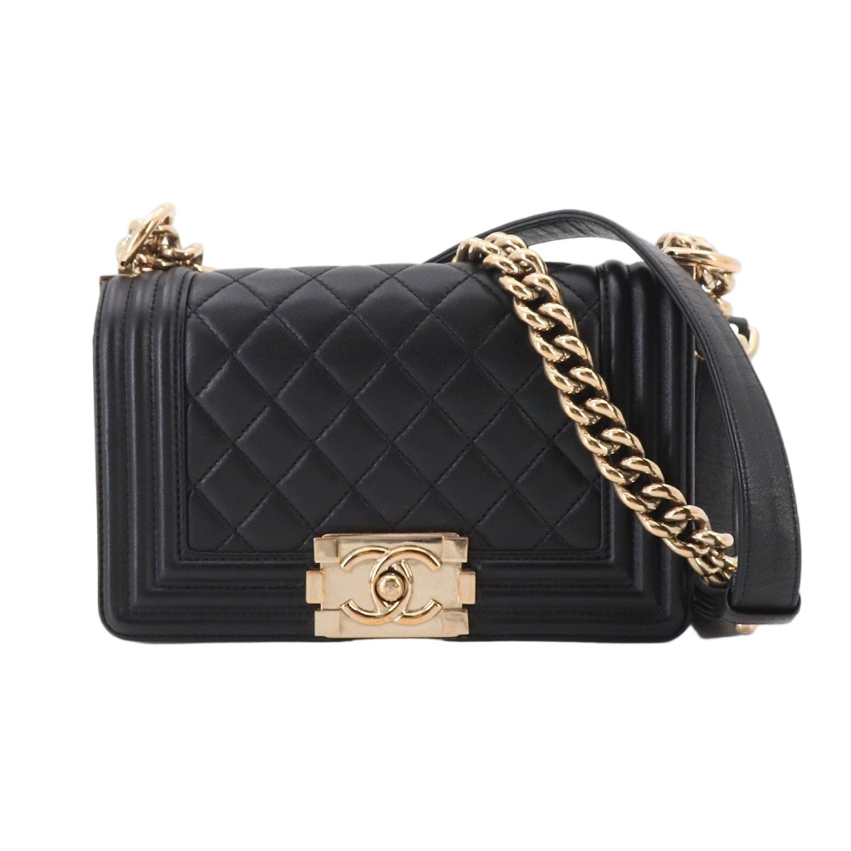 Chanel Boy Small Chain Shoulder Bag Lambskin Black Gold
