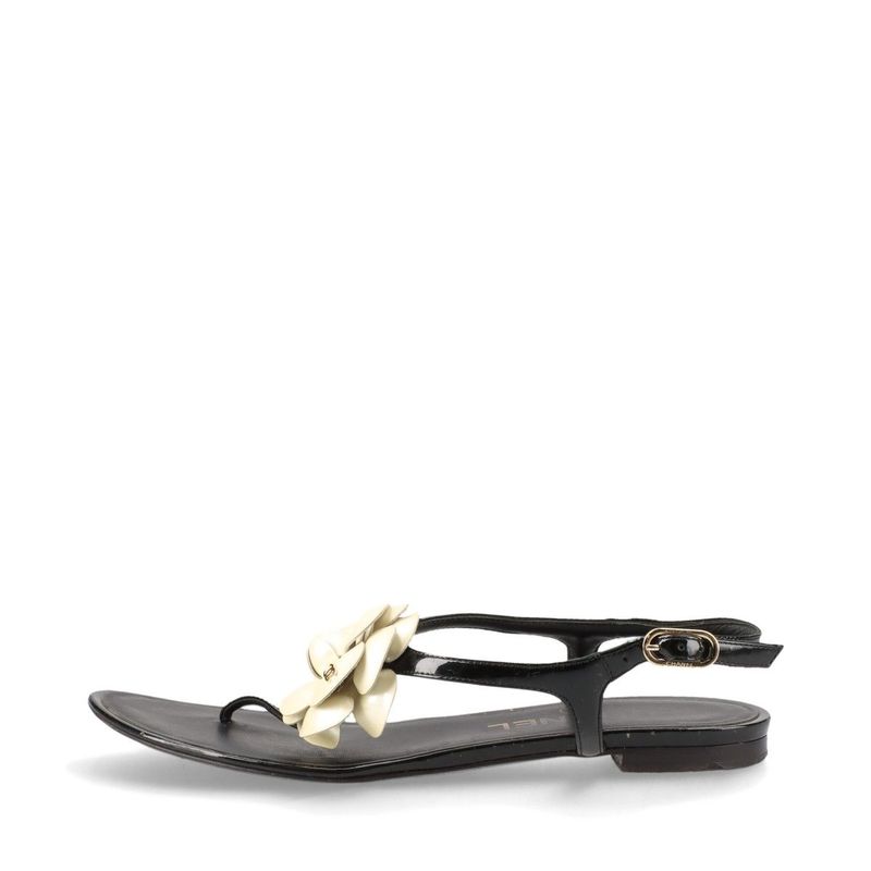 Chanel Coco Mark Camellia Patent Leather Sandals 35 C Black And Ivory — view 2