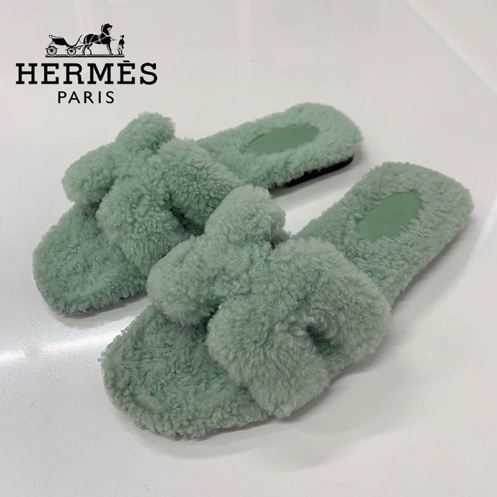 Hermes Oran Shearling Sandals Green