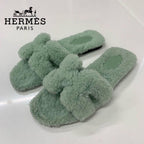 Hermes Oran Shearling Sandals Green