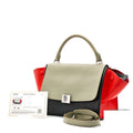 Celine Leather Trapeze 2-Way Shoulder Bag Black Khaki Red Strap