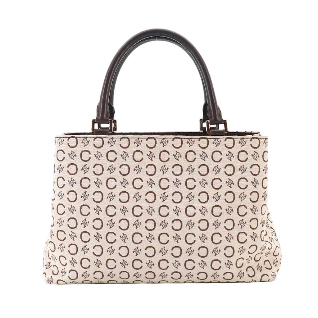 Celine C Macadam Hand Bag Canvas Leather Beige Brown Gold Vintage
