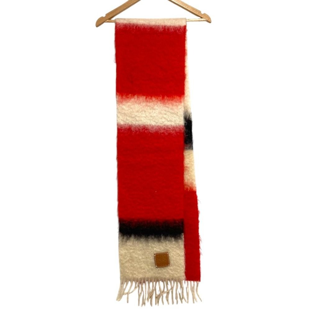 Loewe Anagram Leather Patch Wool Mohair Shaggy Scarf Red