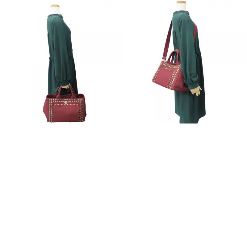 Prada Tote Bag Canapa B2642 O Studded Canvas Amaranto Wine Red Gold Hardware — view 9