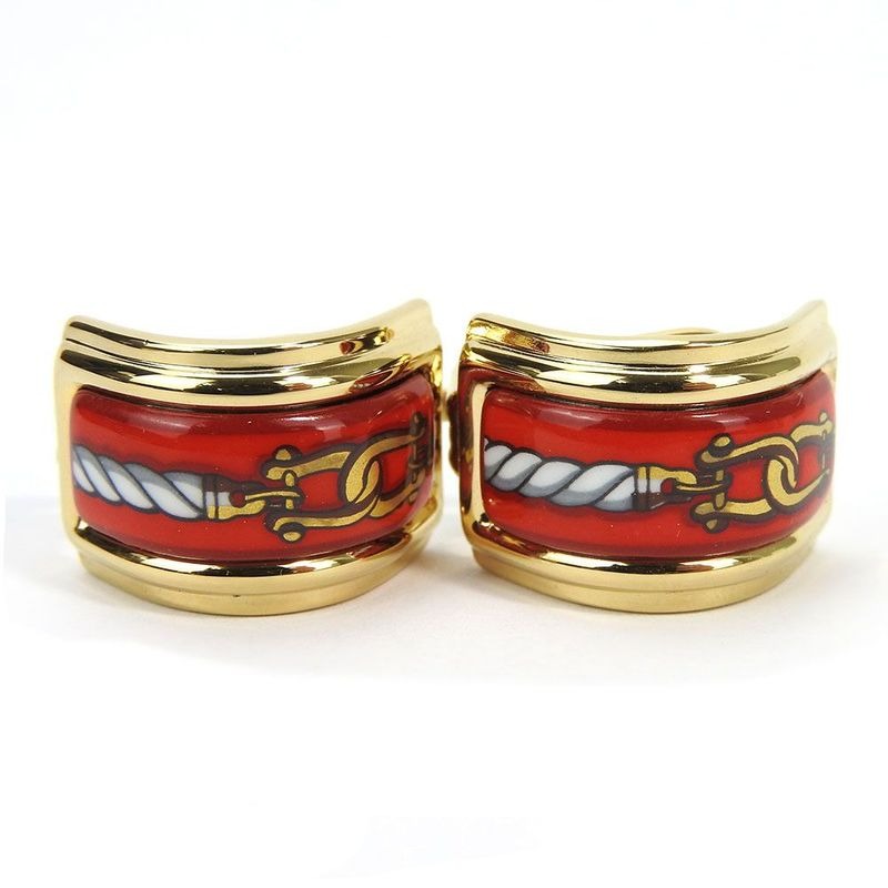 Hermes Earrings Emile Cloisonne Red Gold GP Plated Jewelry Accessories — view 2