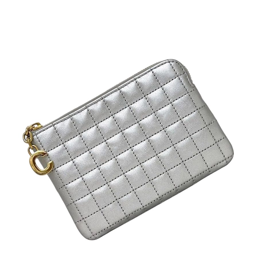 Celine Coin Case Pouch Silver C Charm Leather Purse Zipper