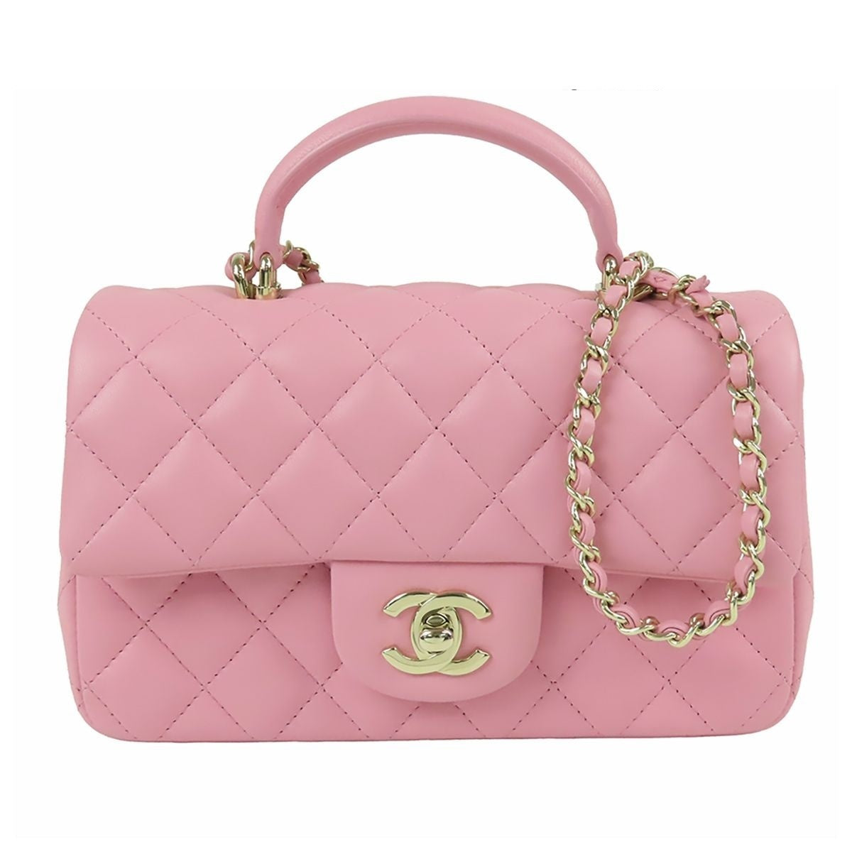 Chanel Top Handle Mini Flap Bag Pink Gold Lambskin Quilted Chain