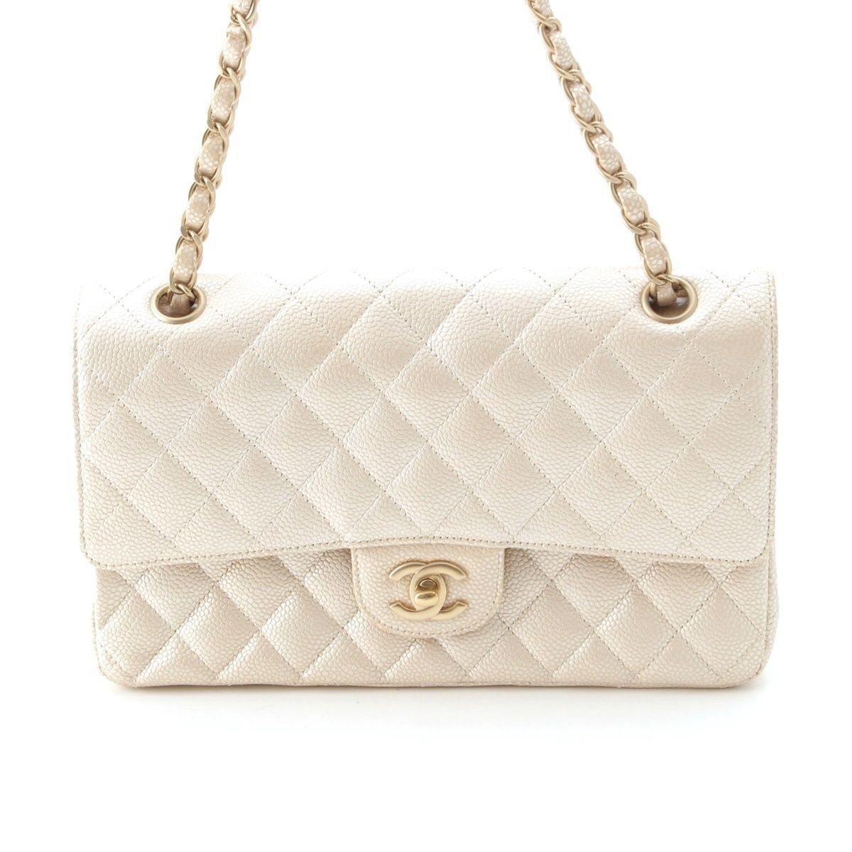 Chanel Quilted Leather Double Flap Shoulder Bag Champagne Gold 25