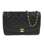 Chanel Chain Shoulder Bag Black Gold Lambskin Quilted Diana 25 Vintage