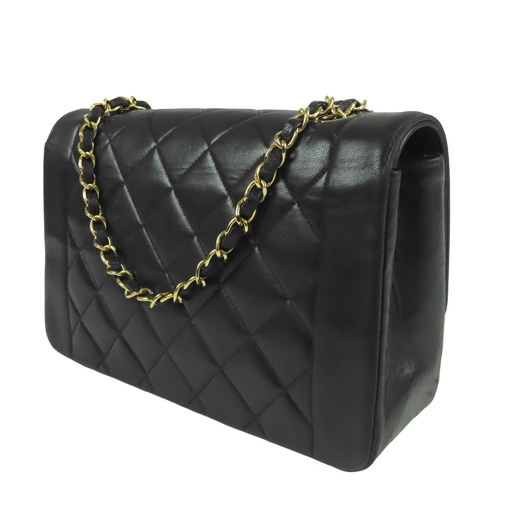 Chanel Chain Shoulder Bag Black Gold Lambskin Quilted Diana 25 Vintage — view 2