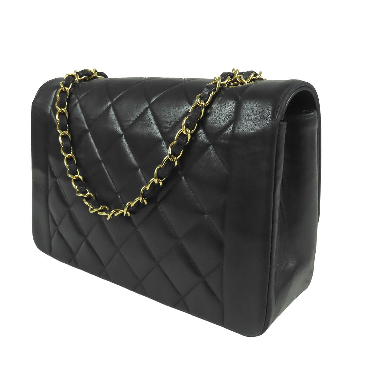 Chanel Chain Shoulder Bag Black Gold Lambskin Quilted Diana 25 Vintage — view 2