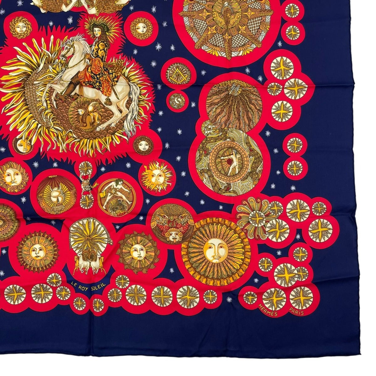 Hermes Scarf Silk Carre 90 le Roy Soleil Sun King Navy — view 5