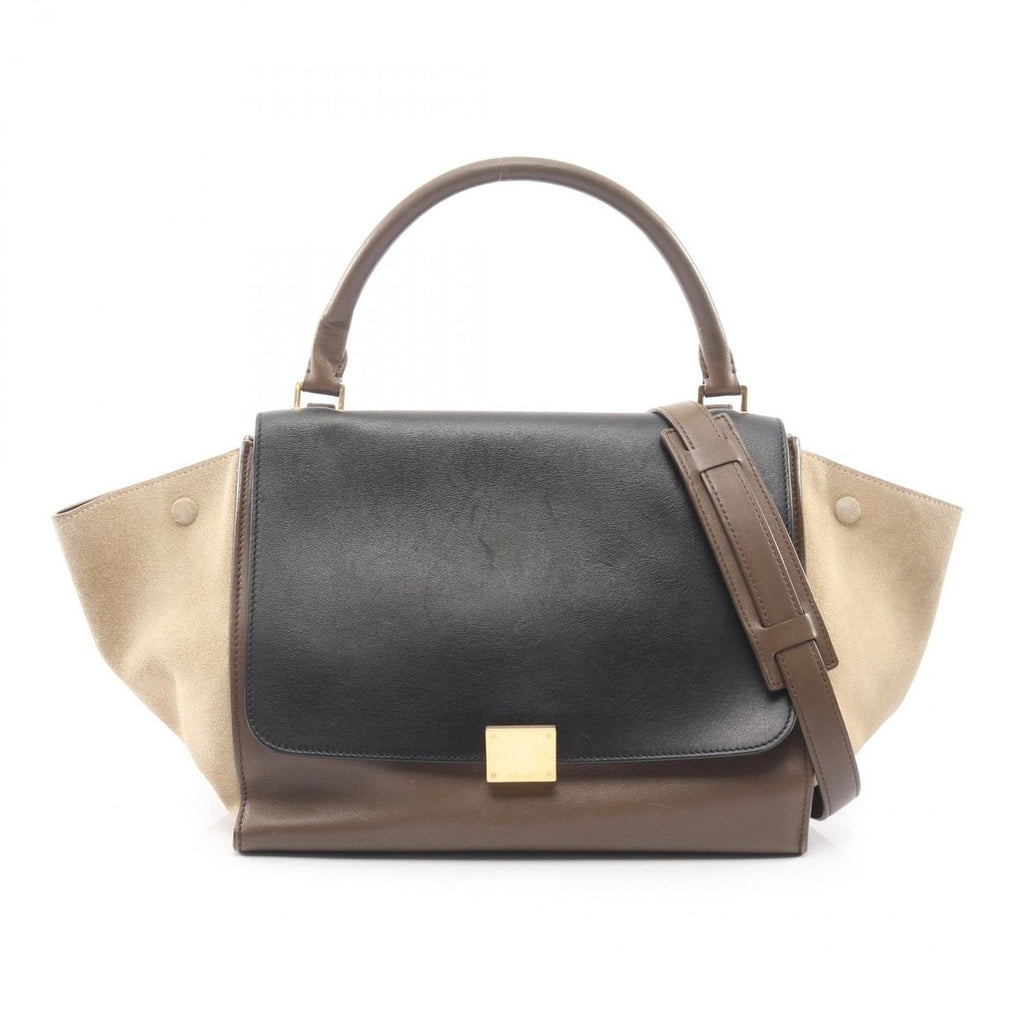 Celine Handbag Trapeze Black Beige Brown Leather