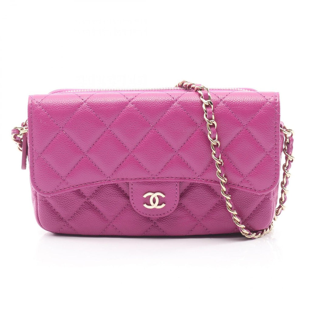 Chanel Shoulder Bag Quilted Chain Phone Case Wallet Purple Leather