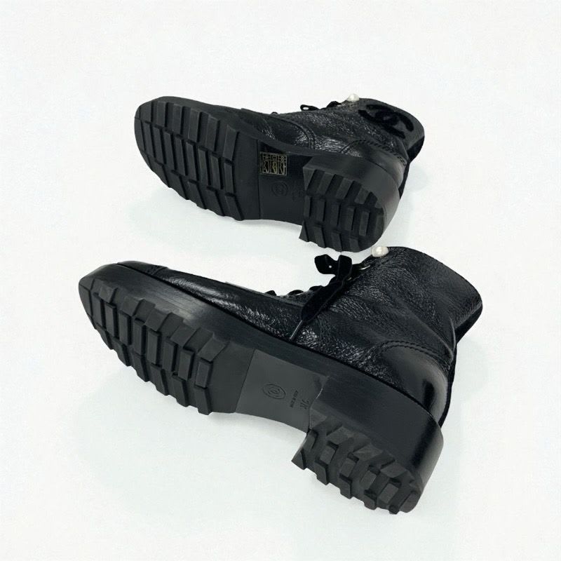 Chanel Boots Short Shoes Leather Velor Black Coco Mark Pearl Lace Up — view 6