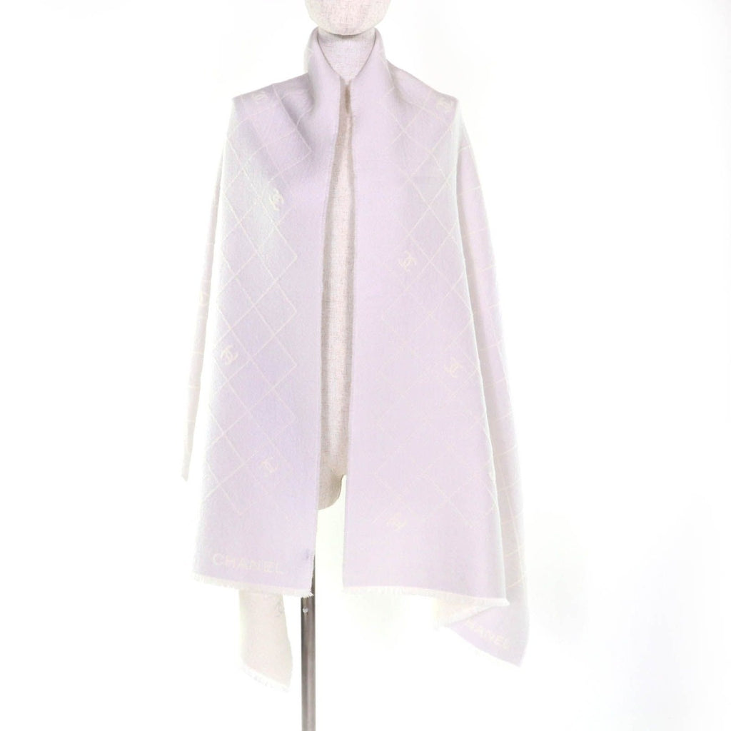 Chanel Coco Mark Quilted Design With Fringe Wool Large Shawl Gray — view 3