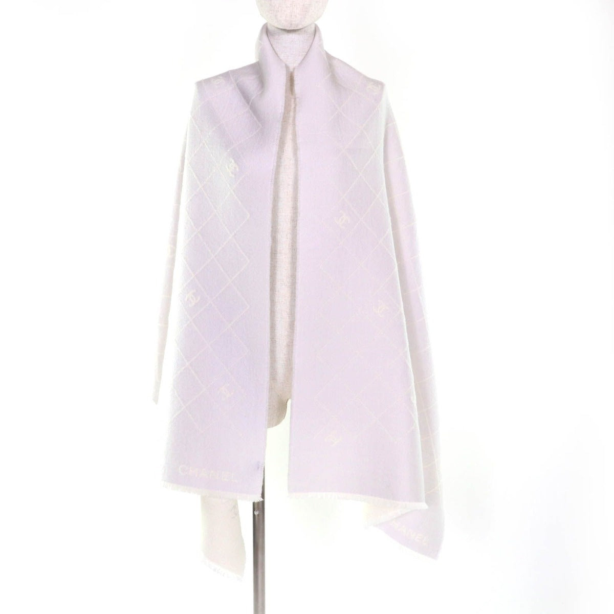 Chanel Coco Mark Quilted Design With Fringe Wool Large Shawl Gray — view 3