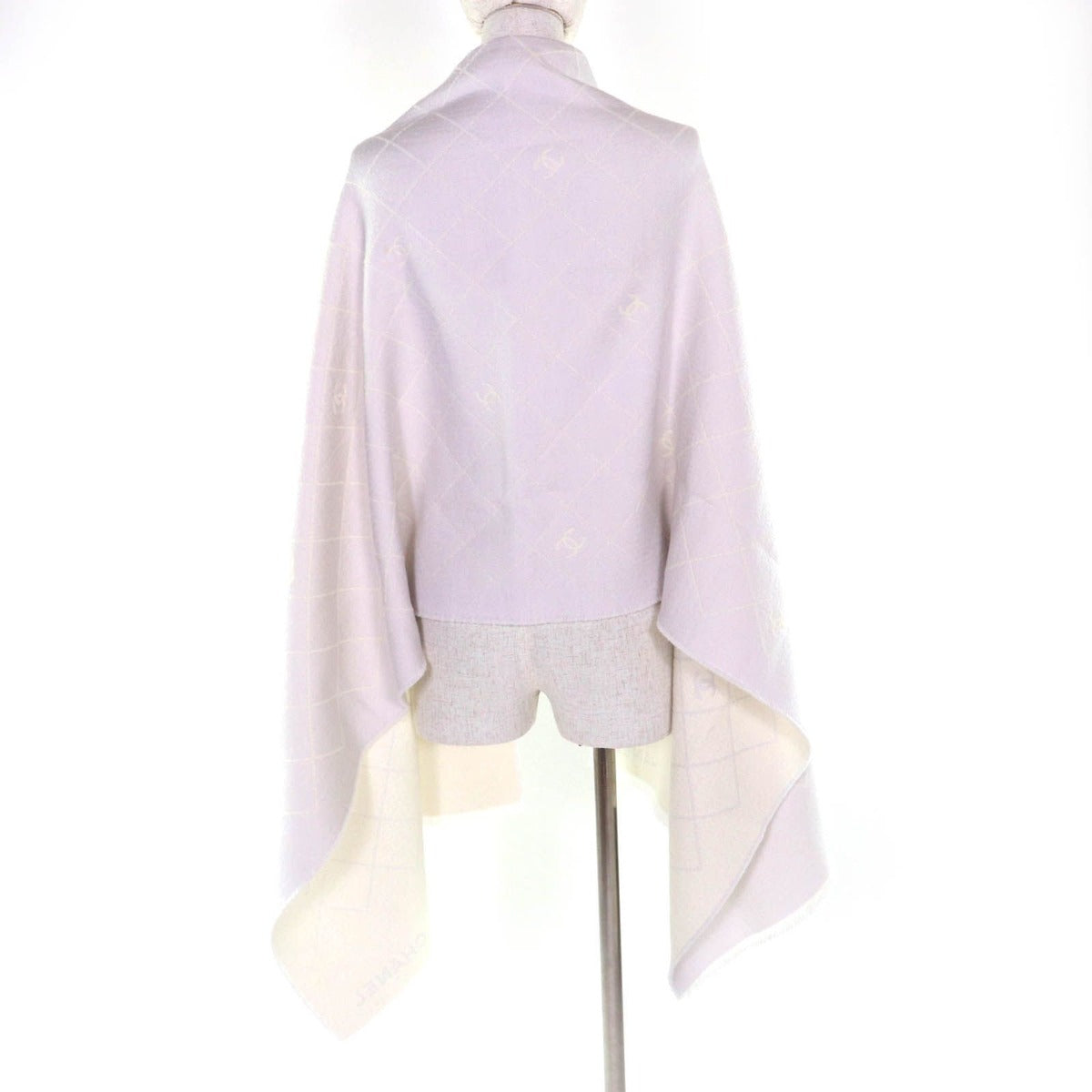 Chanel Coco Mark Quilted Design With Fringe Wool Large Shawl Gray — view 4