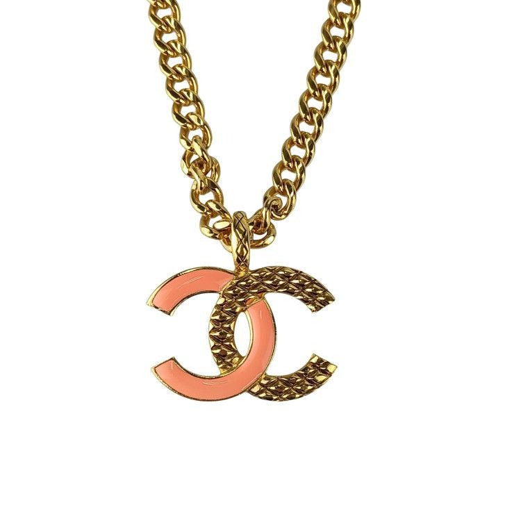 Chanel Necklace Coco Mark Gold Pink Metal Super