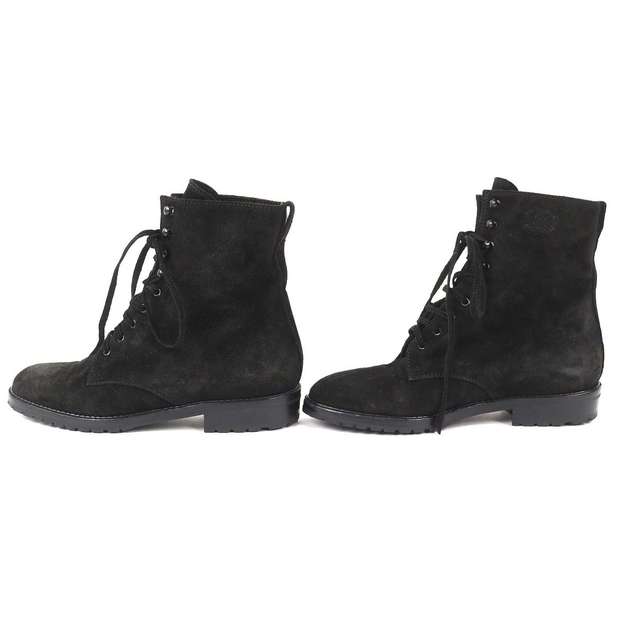 Chanel Vintage CC Logo Stitch Suede Leather Lace Up Short Boots Black 36 — view 2