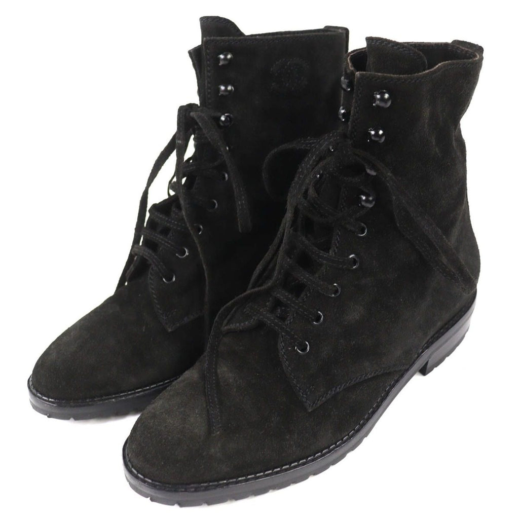 Chanel Vintage CC Logo Stitch Suede Leather Lace Up Short Boots Black 36
