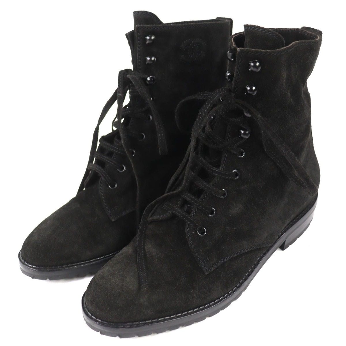 Chanel Vintage CC Logo Stitch Suede Leather Lace Up Short Boots Black 36